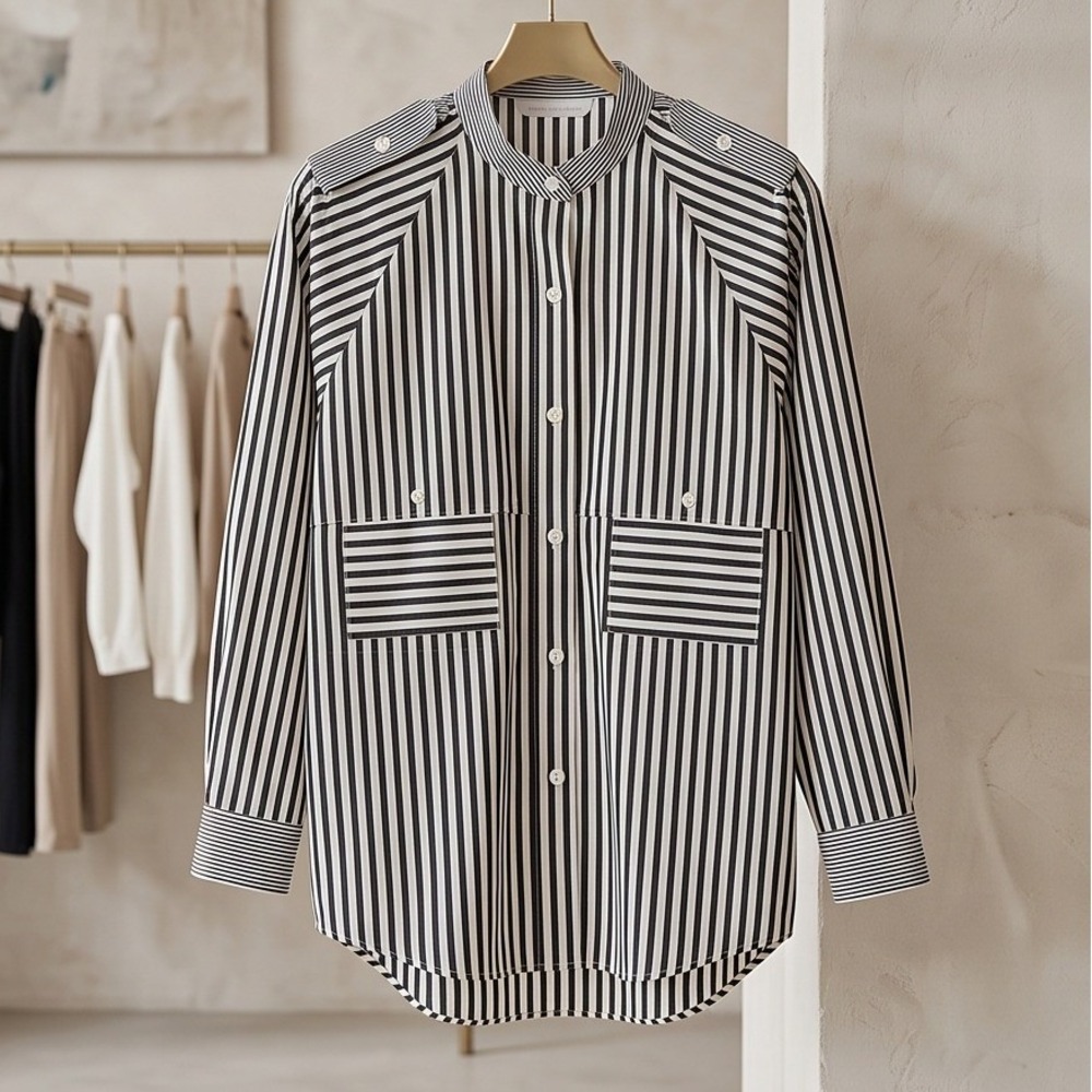 Vintage Laura & Jayne 16 Black White Striped Band Collar Utility Shirt Blouse